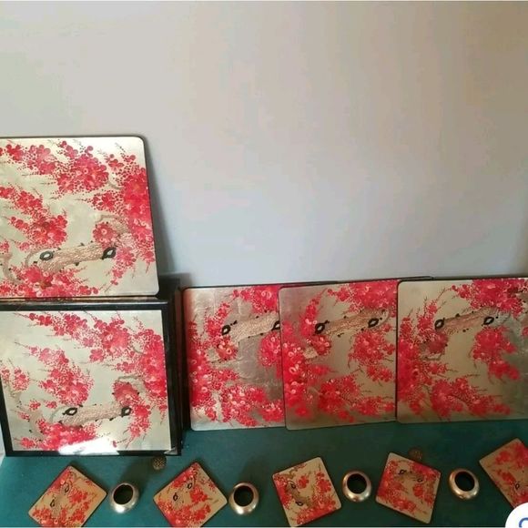 Minh Phuong 24 Piece Japanese Cherry Blossom Place Mat Sets, New, Gold Red - Picture 14 of 14